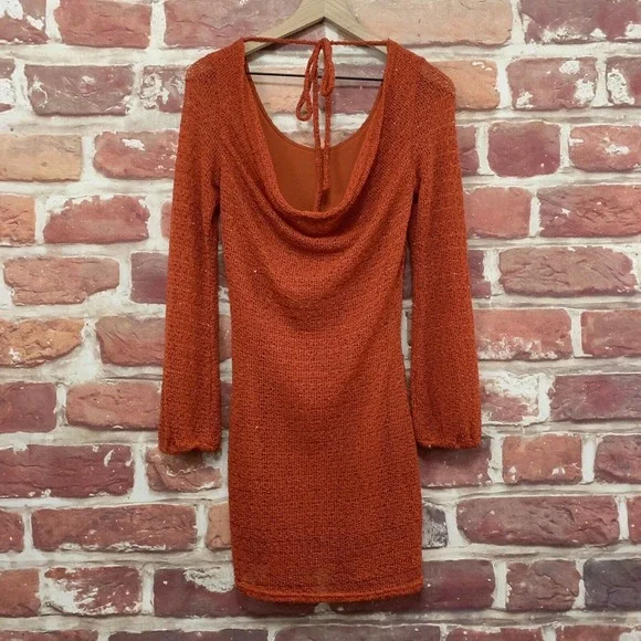 Umgee Dress Women's Medium Rust Orange Drape Back Tie Neck Sequin Knit Pullover - Picture 2 of 9